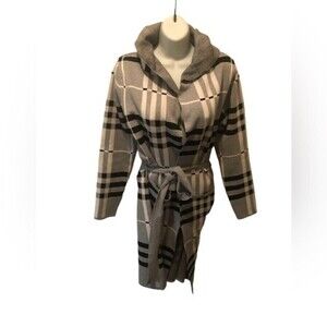Papillon Plaid Knit Hoodie Cardigan Belted Black White Gray Size S